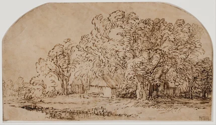 Paesaggio con cottage sotto alberi alti